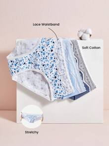 LUVLETTE 3条装柔软纯棉基础款花卉印花蕾丝边中腰内裤 - 彩色 - 查看 3