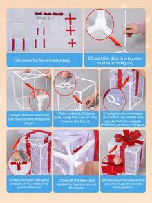 Teckwe 3 Pcs Christmas LED Lighted Gift Boxes, Transparent Warm White Lighted Christmas Box Decorations, Presents Boxes With Red Bows For Christmas Tree, Yard, Home, Christmas Decorations - Transparent + Red - View 6