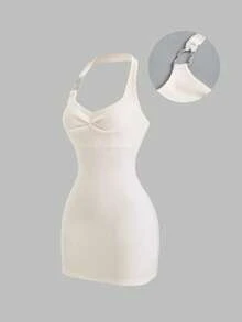 Sweetra Rochie de seară vintage sexy, slim fit, asimetrică, cu bretele metalice, mulată, pentru petrecere/întâlniri, toamnă/iarnă - alb - Vizualizare 3