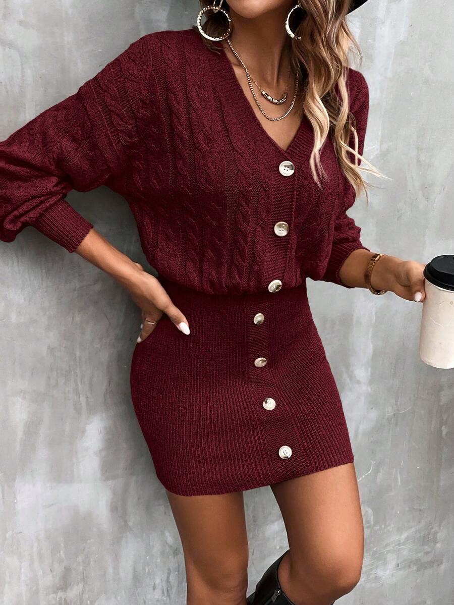 SHEIN LUNE Women's Solid Color Knitted Dress, Autumn/Winter - Burgundy - View 1