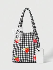 ROMWE Kawaii 1 chiếc balo thêu hình dâu tây, họa tiết kẻ caro đỏ trắng cổ điển, túi đeo vai dung tích lớn, túi xách nhẹ, đa năng cho mùa tựu trường và kỳ nghỉ. - màu đen - Xem 3