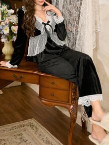 Côtesoire 法式浪漫蕾丝边饰网纱荷叶边蝴蝶结装饰女士睡衣套装黑色哥特式睡衣女仆装，秋冬服装 - 黑色 - 查看 6