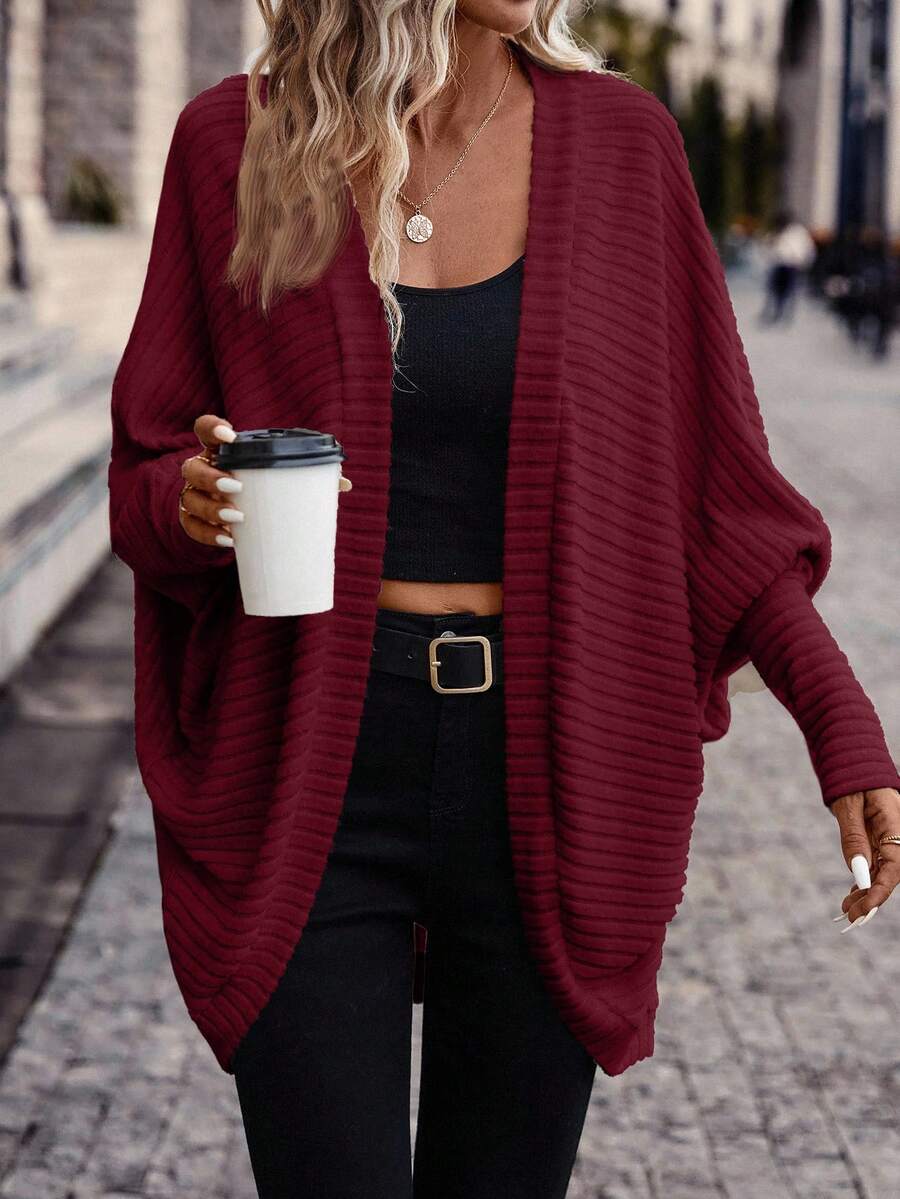 SHEIN Frenchy Women's Casual Solid Color Ribbed Batwing Sleeve Jacket, Autumn Winter Christmas Red,Fall,Fall Clothes For Women Spring Valentine's Day - Red - View 1
