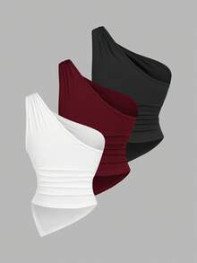 Sweetra Women's Solid Color Casual Shoulder Top, Summer - Multicolor - View 2