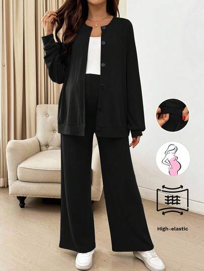 SHEIN 两件套孕妇装：纯色长袖纽扣外套和可调节腰围长裤，休闲款