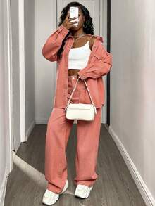 DAZY 女士粉色宽松外套和牛仔裤套装 - 粉色 - 查看 5