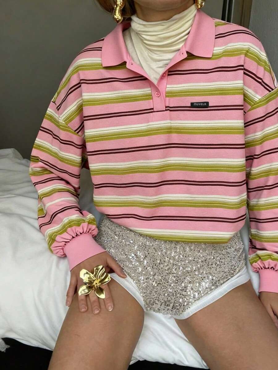 Muvela Áo nỉ polo tay dài kẻ sọc dáng rộng phong cách Giáng sinh dành cho nữ, phong cách đại học cổ điển, trang phục thường ngày thoải mái, tối giản, phù hợp để đi sân bay, những ngày lười biếng, quần áo thu đông cho nữ - Nhiều màu - Xem 1