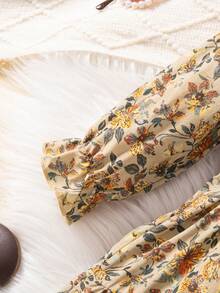 Emery Rose Kids Emery Rose Kids 女嬰復古花卉拼接度假風荷葉邊梭織洋裝，寬鬆版型荷葉袖，可愛休閒日常秋季長版娃娃裙波希米亞風 - 彩色 - 查看 6