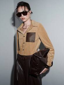 SHEIN LUNE Women's Fashion Corduroy Patchwork Leather Pocket Shirt - Khaki - View 4