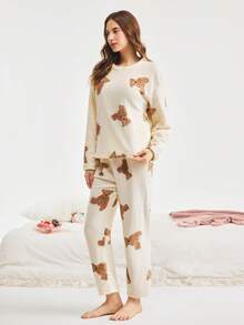 Bonmuse 两件套冬季睡衣套装，法兰绒睡衣套装，可爱小熊印花，简约时尚睡衣，两件套，秋冬服装