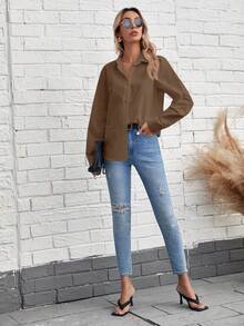 SHEIN Frenchy Damen Einfarbiges Langarm Einreiher Lässig/Business Hemd - Kaffeebraun - Übersicht 5