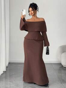 SHEIN Elenzya 1 Set Texturiertes Top, Off-Shoulder, und körperbetonter Rock in Große Größen, elegantes Zweiteiler Outfit