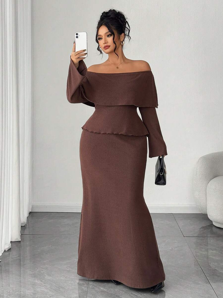 SHEIN Elenzya 1 Set Texturiertes Top, Off-Shoulder, und körperbetonter Rock in Große Größen, elegantes Zweiteiler Outfit