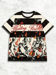 Manfinity Dauomo Herren Streetstyle gestreiftes Kontrast Muster T-Shirt, Rundhals Kurzarm Lässig bequemes T-Shirt, geeignet für täglichen Straßenmode-Look - Schwarz - Übersicht 1