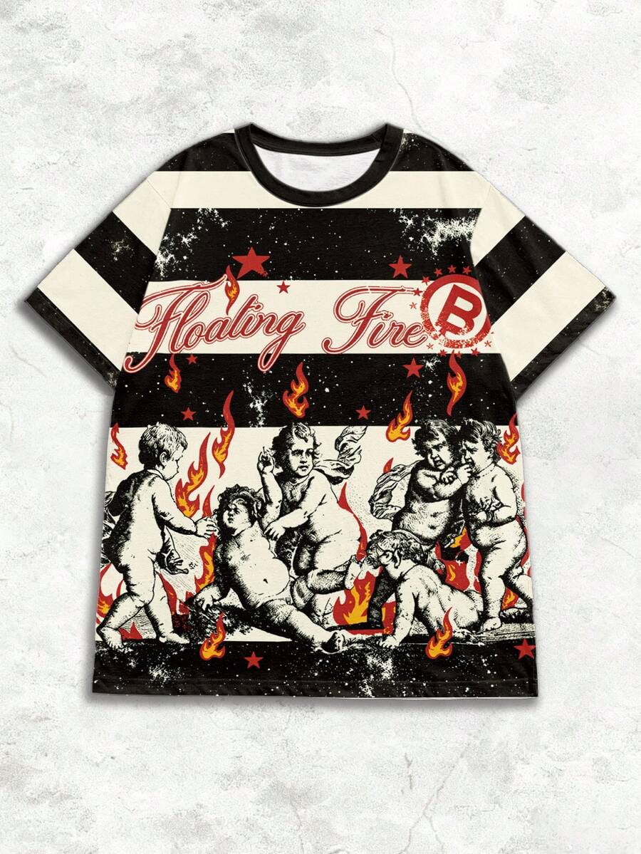 Manfinity Dauomo Herren Streetstyle gestreiftes Kontrast Muster T-Shirt, Rundhals Kurzarm Lässig bequemes T-Shirt, geeignet für täglichen Straßenmode-Look - Schwarz - Übersicht 1