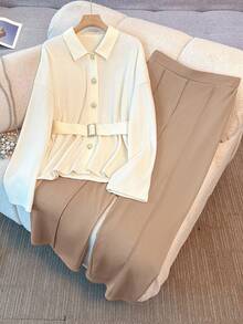 Franclia 女士优雅知性长袖开衫和裤子两件套，秋冬 - 卡其色 - 查看 8