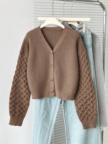 SHEIN New Fashionable Versatile V-Neck Cardigan Teen Girls Brown Sweater Knit Cute Girl Jacket Children Teen Girl Sweaters Button Clothes Autumn Winter Cropped - Brown - View 3