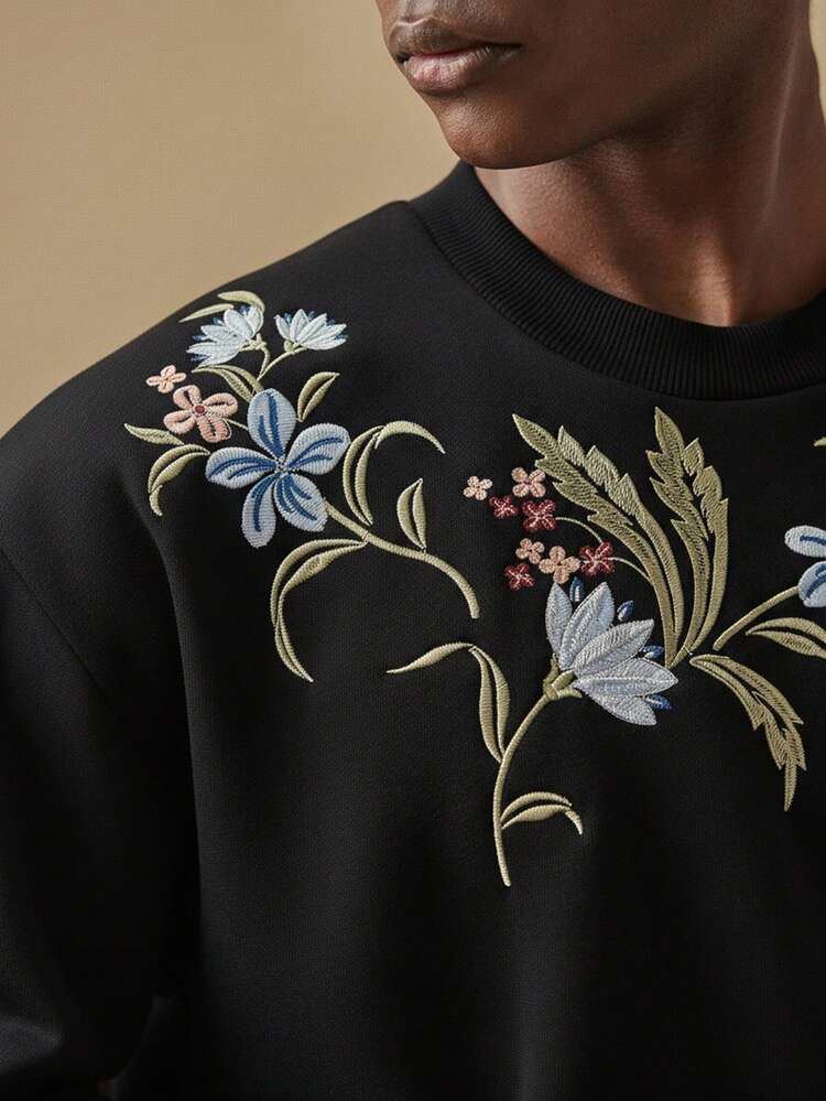 メンズ フローラル刺繍 ルーズフィット クルーネック 長袖 プルオーバースウェットシャツ、秋冬