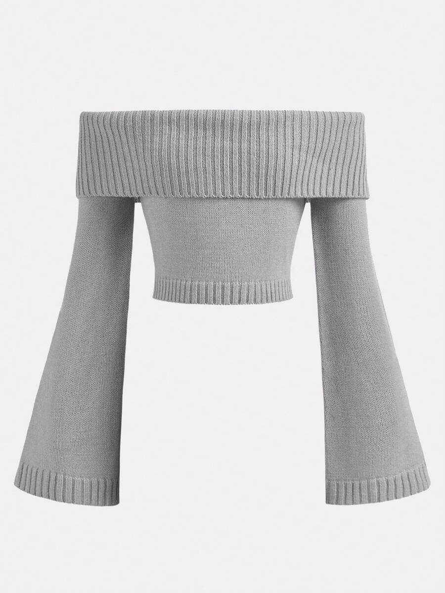 Girlism Tween Girls Knit Off-Shoulder Flared Sleeve Cropped Sweater In Almond White, Elegant Teenage Knitwear Suitable For Fall/Winter, Christmas, Party - Grey - View 1