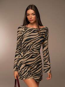 SHEIN Forever 21 女士撞色斑马纹镂空长袖收腰时尚迷你连衣裙 - 卡其色 - 查看 5