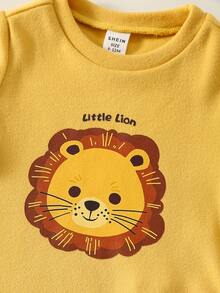 SHEIN 4 件套男婴卡通狮子印花休闲舒适圆领长袖 T 恤和睡裤套装，秋冬 - 彩色 - 查看 8