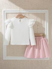 Souflis 2pcs/Set Young Girl's Elegant Outfit,White Ribbed Knit Ruffle Sleeve Top&Pink Houndstooth Skirt With Bow,Autumn,School,Back-To-School Princess Party - Pink - View 9
