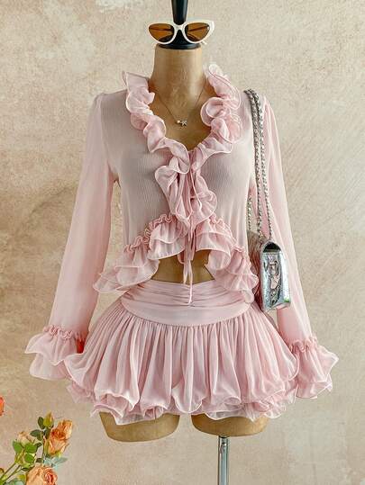 Soleia Casual Vacation Western Beach Wedding Guest Attire, Graduation Brunch, St. Patrick's Day, Spring Break, Easter, Music Festival Elegant Bohemian Tropical Ruffle Tie Front Cardigan And Pink Mini Skirt 2 Pieces Set For Women