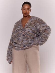 MUSERA Plus Textured Knit Button Up V Neck Cardigan Everyday Cute  Festive, Holidays - Grey - View 5