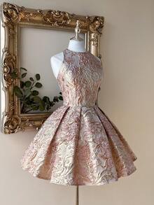 Lovelzi 奢华宫廷风格提花面料绿色露背交叉系带 A 字形喇叭裙，适合约会、度假、单身派对、舞会、婚礼、毕业典礼、舞会 - 粉色 - 查看 7