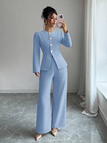 Chiquease 女士优雅通勤两件套长袖 - 藍色 - 查看 4