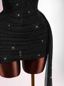 Amplova Damen Glitzer Mini-Kleid mit tiefem Ausschnitt, tailliert, Partykleid