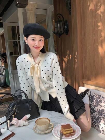 DAZY 女士波点韩式蝴蝶结长袖毛衣