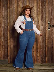 EMERY ROSE Plus Size Women Vintage Washed Denim Bib Overalls - Dark Wash - View 1