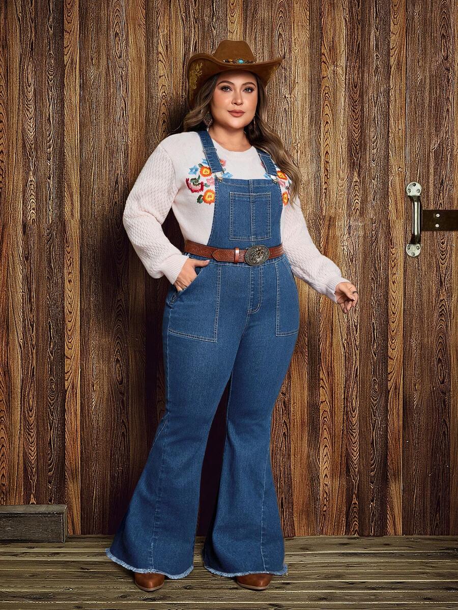 EMERY ROSE Plus Size Women Vintage Washed Denim Bib Overalls - Dark Wash - View 1