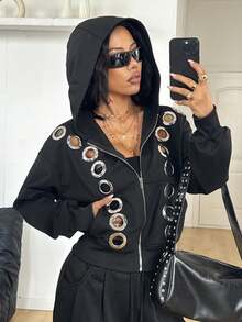 Coolane 女士秋冬街头风Y2K朋克风带口袋拉链舒适黑色连帽卫衣 - 黑色 - 查看 5