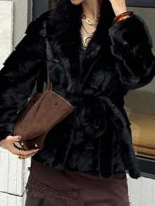 DAZY Áo khoác lông nhân tạo dáng rộng cho nữ, dài vừa phải, thiết kế mới cho mùa thu/đông - màu đen - Xem 9