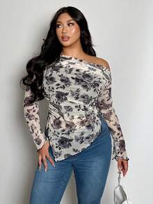 Firerie 大码女式优雅花卉印花长袖不对称下摆T恤 - 彩色 - 查看 4