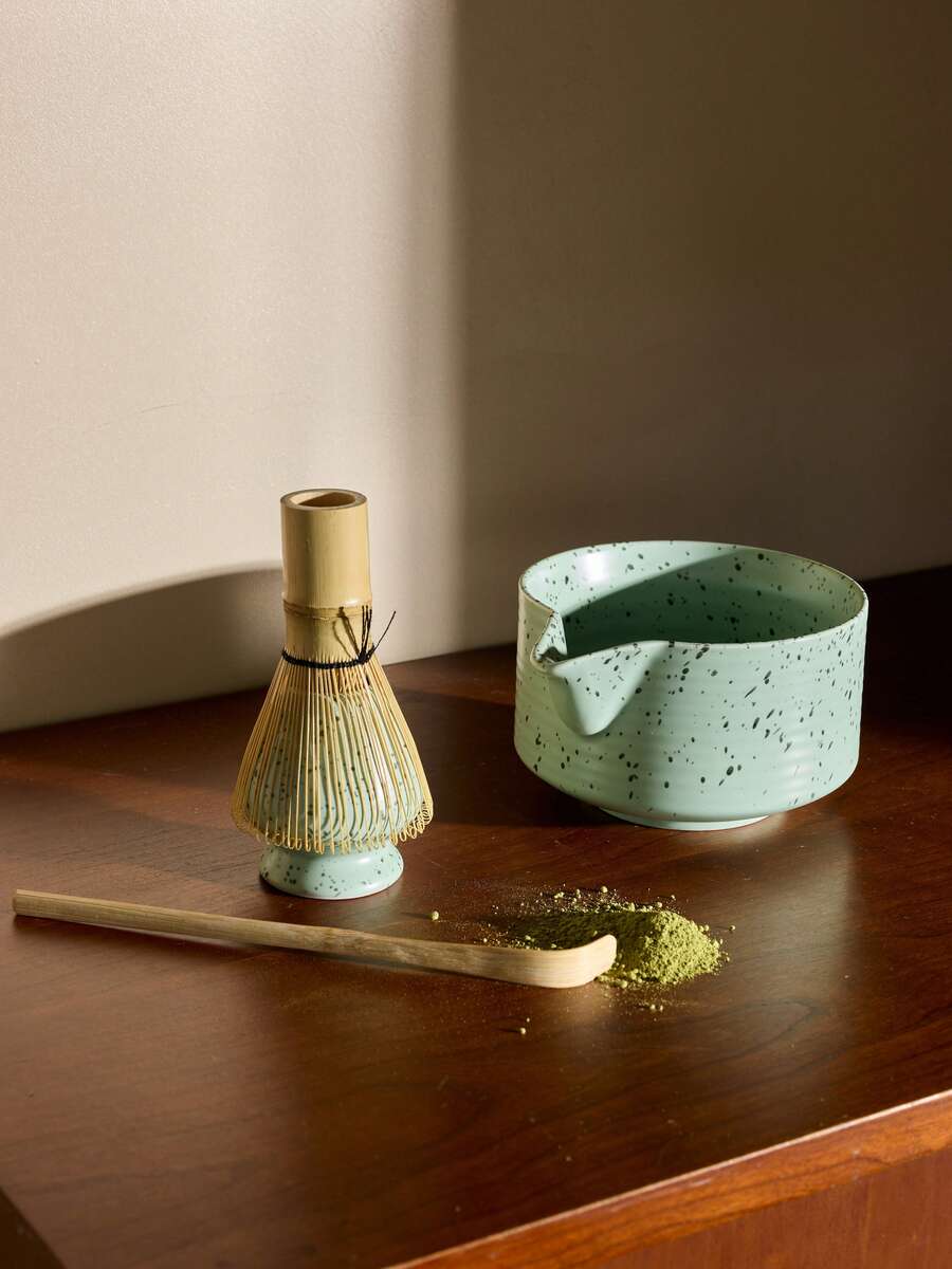 Cirelle 陶瓷抹茶四件套，日式复古抹茶碗，抹茶刷，抹茶杯，粉色碗搅拌勺搅拌器架组合，抹茶套装返校 - 彩色 - 查看 1