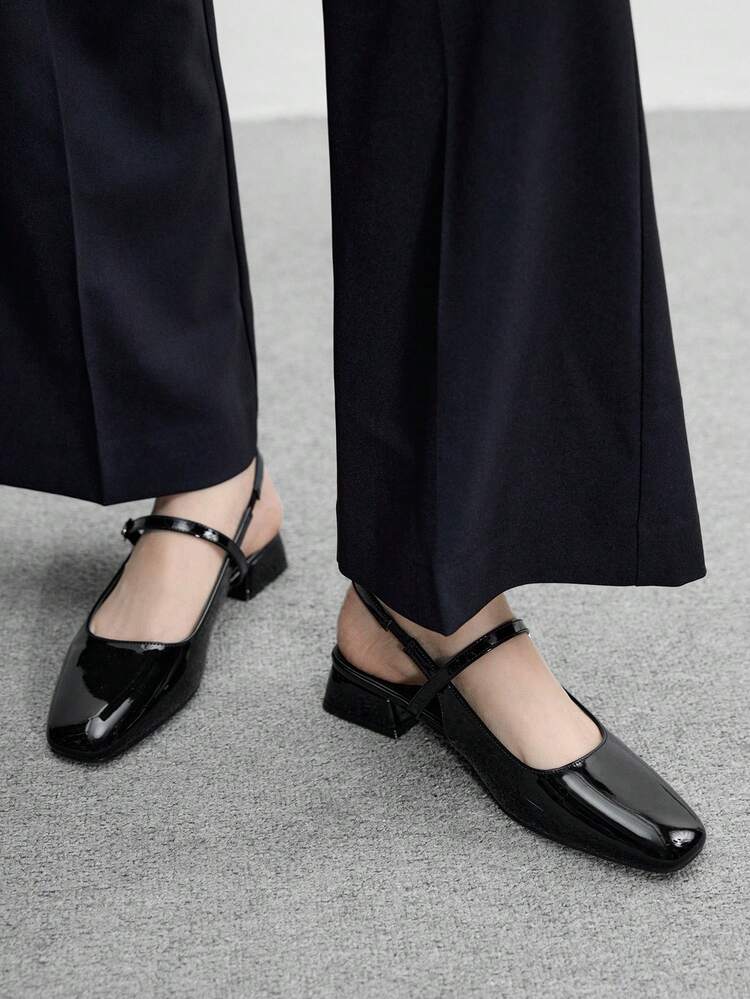 CUCCOO BIZCHIC Women's Round Toe Low Chunky Heel Black All-Match Comfortable Commute Versatile Work & Casual Slingback Flats Spring Shoes