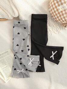 SHEIN 2pcs/Set Baby Girls' Casual Soft Fabric Cute Bow Flared Hem Pants, Autumn - Multicolor - View 6