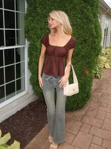 Sydney Algeri Gathered Sleeve Brown Textured Ruched Bust Waist T-Shirt - Brown - View 3