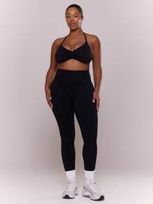 MUSERA Conjunto deportivo de top con cuello de halter y busto fruncido, talla grande talla, y pantalones ajustados. Ropa activa para gimnasio, pilates, yoga y actividades físicas que favorece la figura. - Amarillo - Ver 1