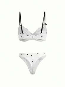 Bonmuse 1件女款白色愛心蕾絲飾邊內衣套裝，夏季內衣 - 白色 - 查看 8