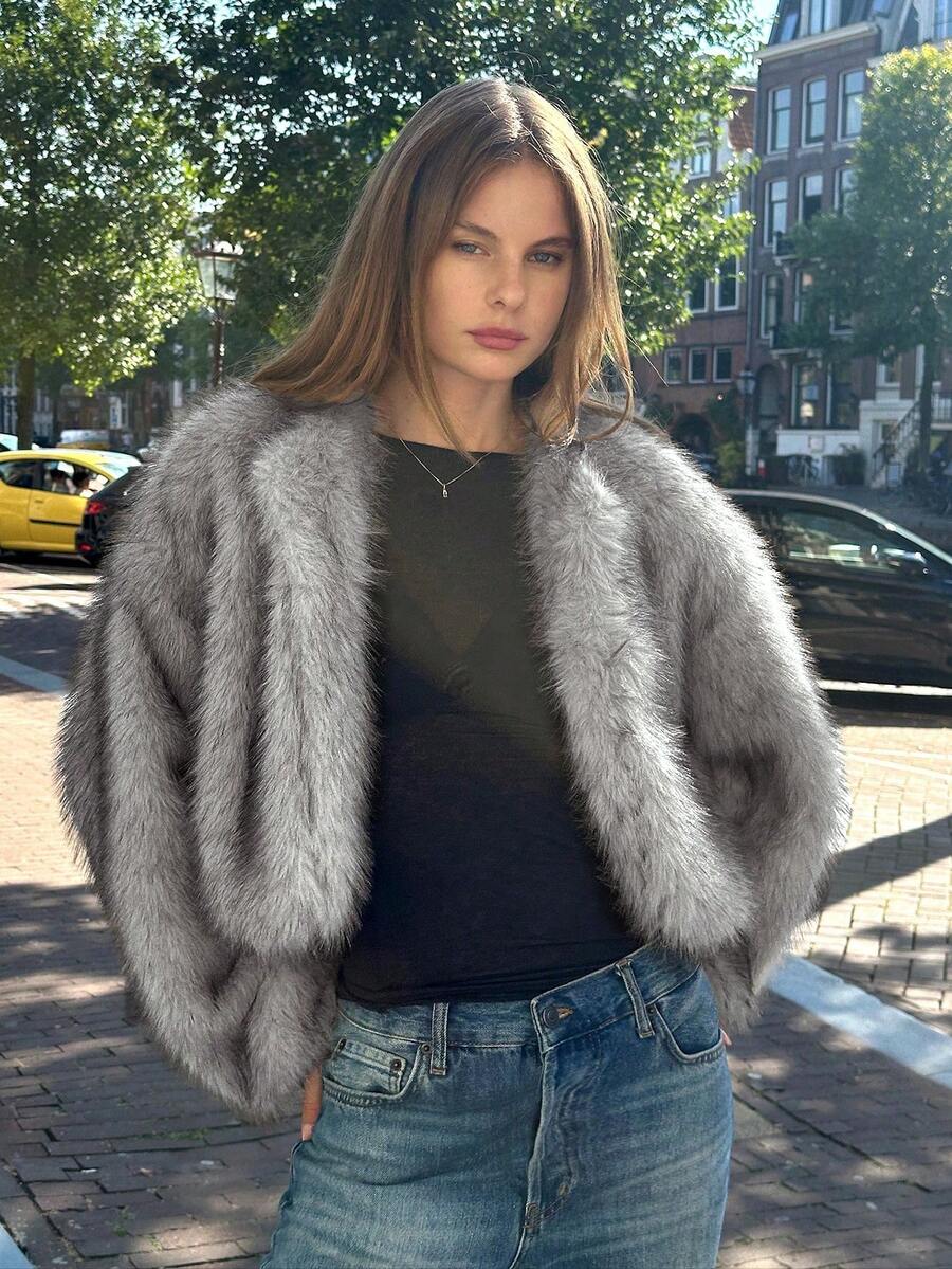 SHEIN EZwear 秋冬季女士简约休闲浅灰色长袖蓬松开衫 - 淺灰色 - 查看 1