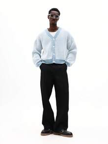 SUMWON 罗纹针织开衫，纽扣前襟，撞色滚边，常规版型针织衫 - 藍白色 - 查看 4