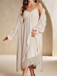 Anewsta 两件套叠层荷叶边领长袖睡袍和3D玫瑰吊带裙睡衣套装，秋季服装，冬季服装 - 杏色 - 查看 5