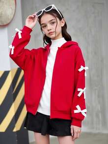 SHEIN 少女连帽卫衣，秋冬新款，长袖连帽卫衣，红色上衣，袖子上饰有白色蝴蝶结，舒适修身休闲运动卫衣，可与家人/姐妹穿着搭配 - 紅色 - 查看 3
