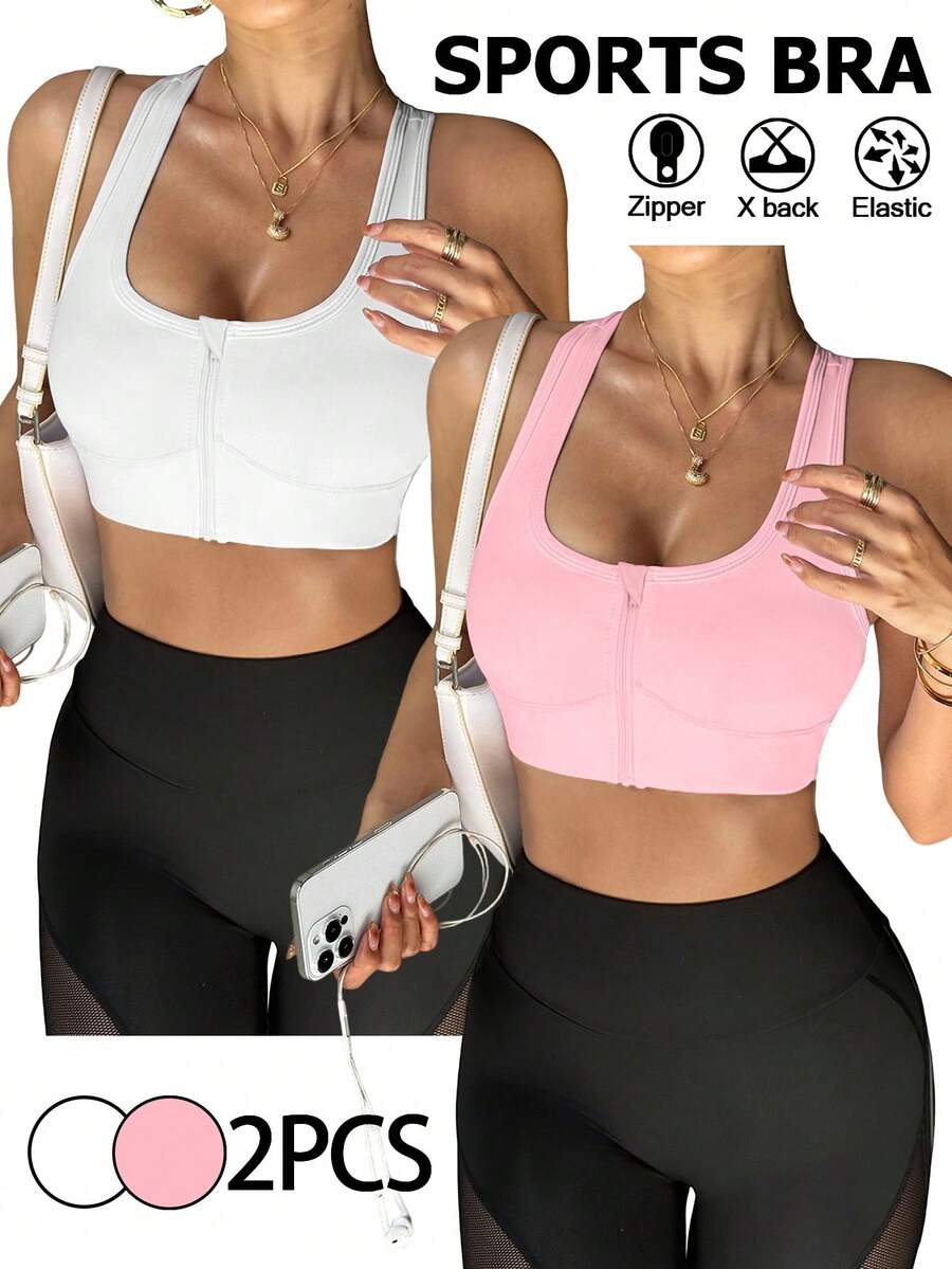 SHEIN Sports 2 件套女士运动胸罩套装,前拉链开合,支撑背部镂空设计,适合日常休闲穿着、跑步、瑜伽、健身、网球、高尔夫、春夏季 - 彩色 - 查看 1