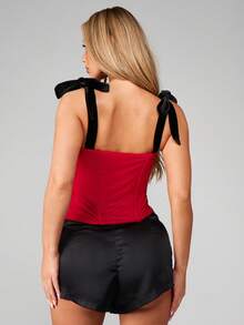 MISSGUIDED Contrast Mesh Velvet Bow Detail Corset Top With Tie Shoulder Straps Bustier - Red - View 2