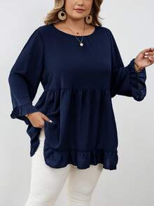 SHEIN CURVE+ Kemeja Pullover Ukuran Besar Warna Polos dengan Hem Berkerut, Cocok untuk Acara Santai, Pakaian Musim Gugur untuk Wanita, Musim Dingin, CURVE PLUS - Navy Blue - View 4